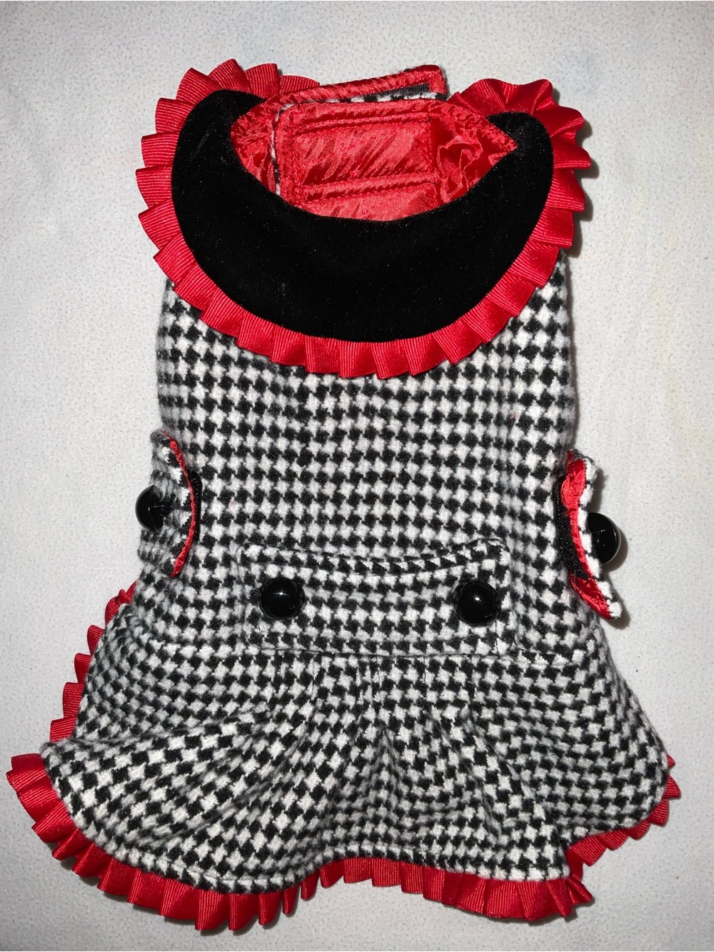 Chic Black & White Houndstooth Dog Dress with Red Trim